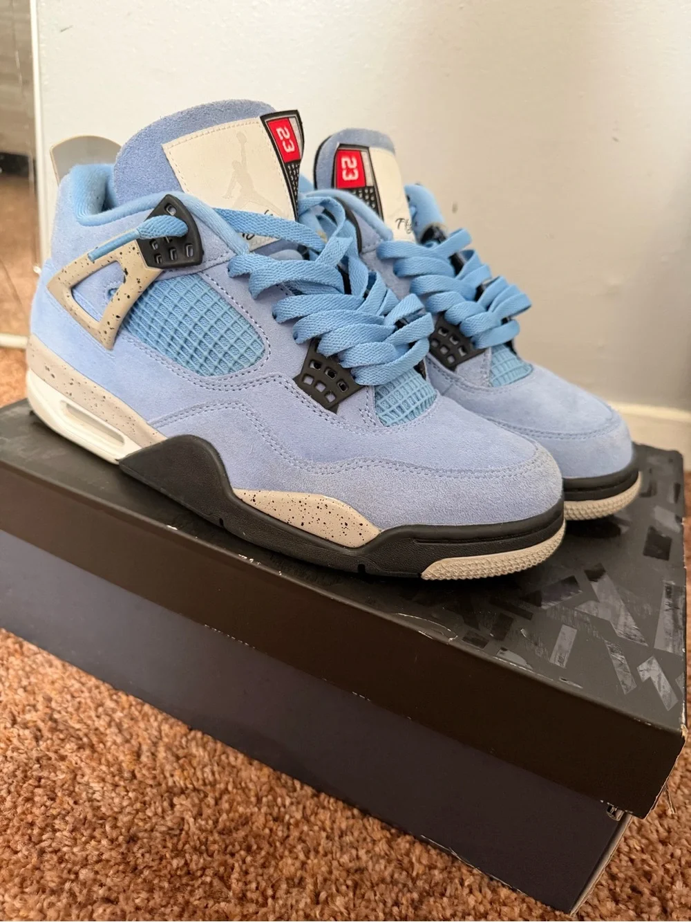 Jordan Retro 4 Light Blue Gray Black Athletic Shoes